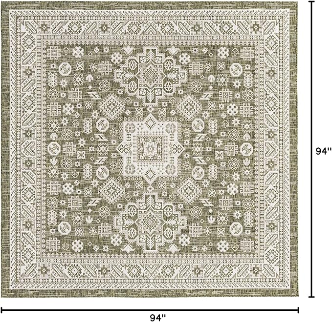 Rugs.com Outdoor Aztec Collection Rug – 8 Ft Square Green Flatweave Rug Perfect for Living Rooms, Kitchens, Entryways
