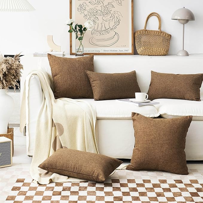 Home Brilliant Brown Throw Pillows Textured Burlap Decorative Throw Pillow Cover Lined Linen Cushion Case for Floor, 26x26 inches