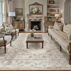 7x9 Area Rug Beige Washable Vintage Distressed Living Room Carpet Large Bedroom Indoor Medallion Floral Non Slip Retro Throw Floor Mat for Office Dining Room Kitchen Bathroom