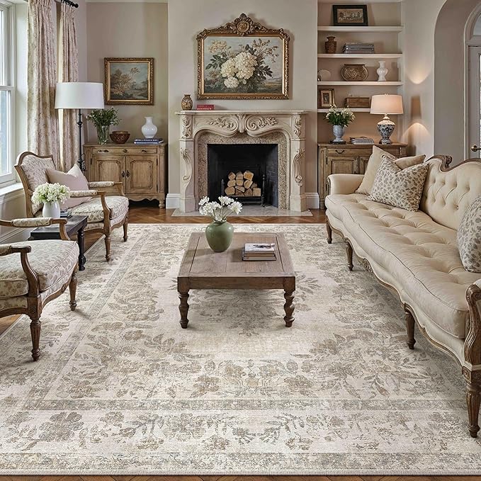 7x9 Area Rug Beige Washable Vintage Distressed Living Room Carpet Large Bedroom Indoor Medallion Floral Non Slip Retro Throw Floor Mat for Office Dining Room Kitchen Bathroom