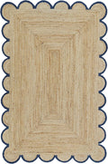 Scalloped Natural Jute Area Rug, Navy Trim, 11'x14'