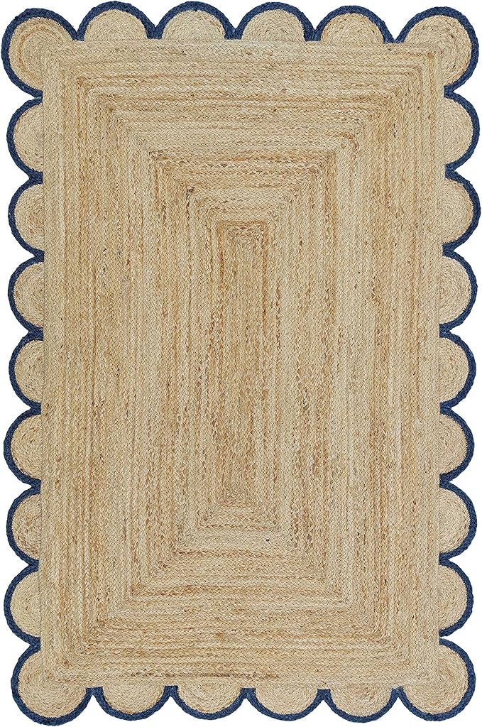 Scalloped Natural Jute Area Rug, Navy Trim, 2'6"x10'