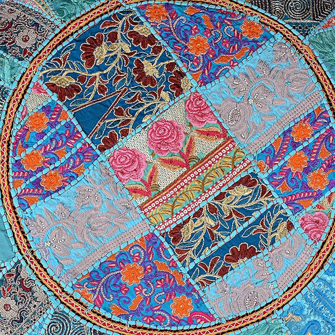 Rajasthani Handmade Colorful Decorative Floor Pillow Cover Meditation Patchwork Patchwork Cushion Seating Accent Boho Chic Indian Handmade Cover ONLY (Turquies, 32X32 Inches)