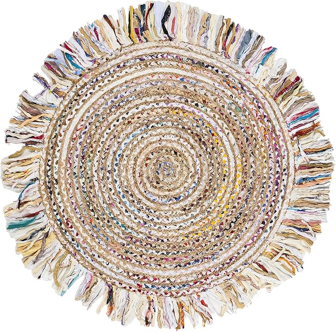 SAFAVIEH Cape Cod Collection Area Rug - 4' Round, Ivory & Light Beige, Handmade Boho Fringe Jute & Cotton, Ideal for High Traffic Areas in Living Room, Bedroom (CAP206B)