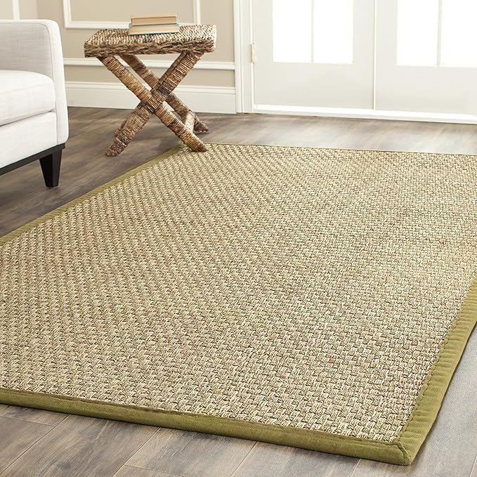 SAFAVIEH Area Rug 6x9 - Natural Fiber Collection - Natural & Olive Green, Seagrass, Basketweave Pattern with Border (NF114G)