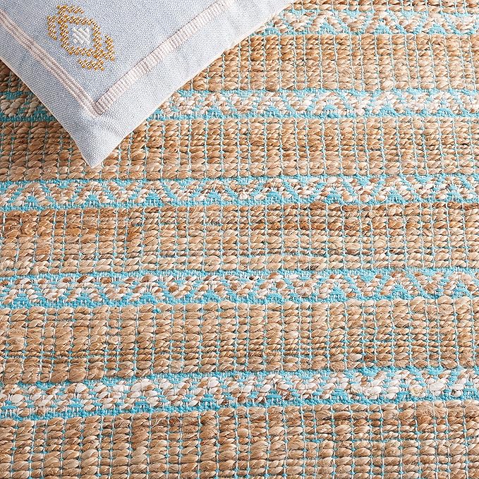 SAFAVIEH Natural Fiber Collection Accent Rug - 3' x 5', Teal & Natural, Handmade Flat Weave Stripe Jute & Cotton Jute, Ideal for High Traffic Areas in Entryway, Living Room, Bedroom (NFB655K)