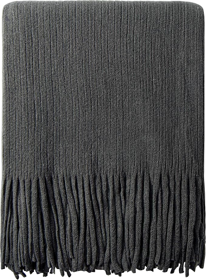 NTBAY Acrylic Knitted Throw Blanket, Lightweight and Soft Cozy Decorative Woven Blanket with Tassels for Travel, Couch, Bed, Sofa, 51x67 Inches, Grey Striped