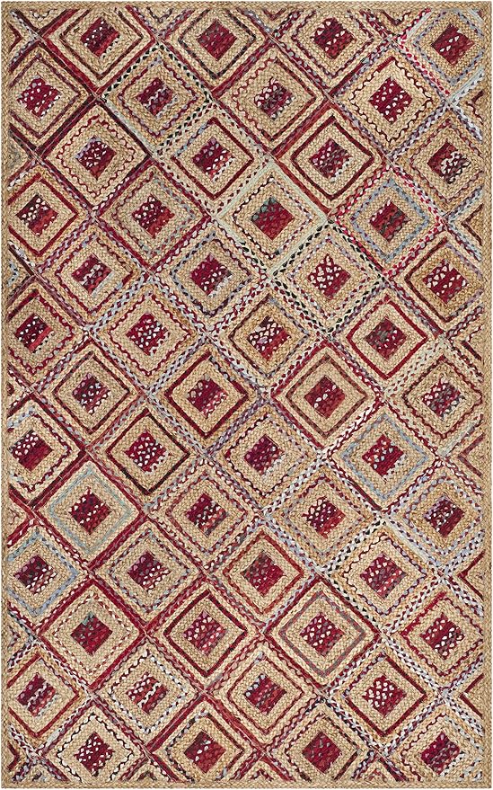 SAFAVIEH Cape Cod Collection Area Rug - 5' x 8', Natural & Red, Handmade Flat Weave Diamond Braided Jute & Denim, Ideal for High Traffic Areas in Living Room, Bedroom (CAP354B)