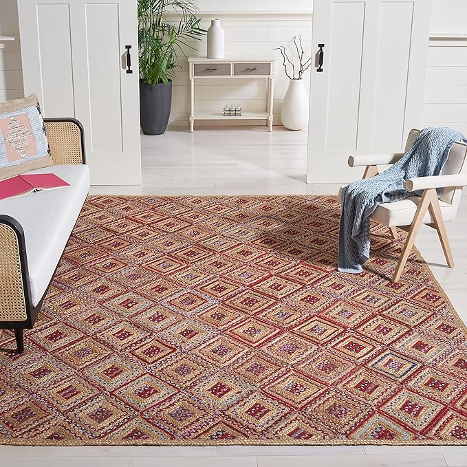 SAFAVIEH Cape Cod Collection Area Rug - 9' x 12', Natural & Red, Handmade Flat Weave Diamond Braided Jute & Denim, Ideal for High Traffic Areas in Living Room, Bedroom (CAP354B)