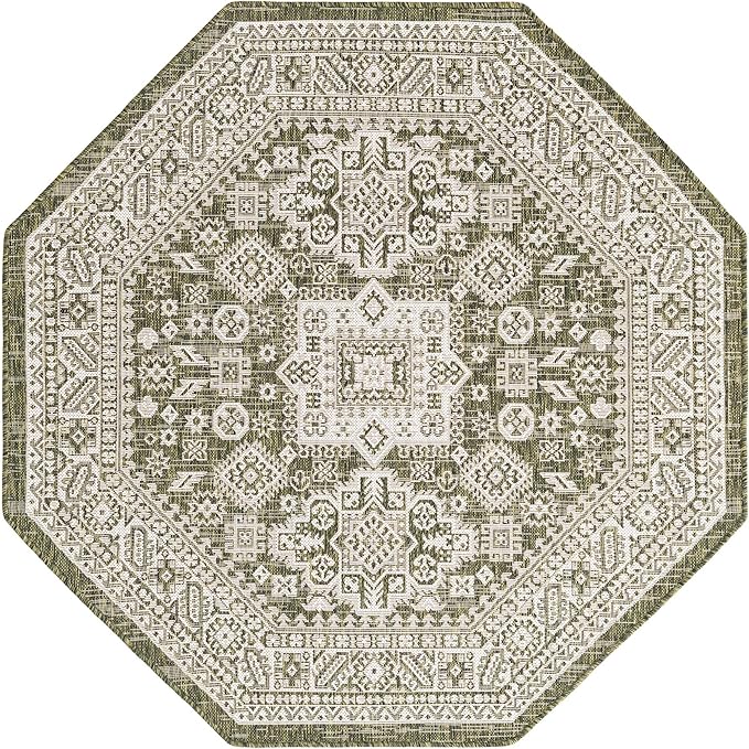 Rugs.com Outdoor Aztec Collection Rug – 5 Ft Octagon Green Flatweave Rug Perfect for Living Rooms, Kitchens, Entryways