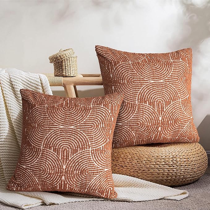 AELS Boho Decorative Textured Throw Pillow Covers 20x20, Organic Modern Mid Century Rainbow Tufted Pillow Case, Farmhouse Rustic Geometric Woven Cushion Case for Bed Couch Sofa, Burnt Orange