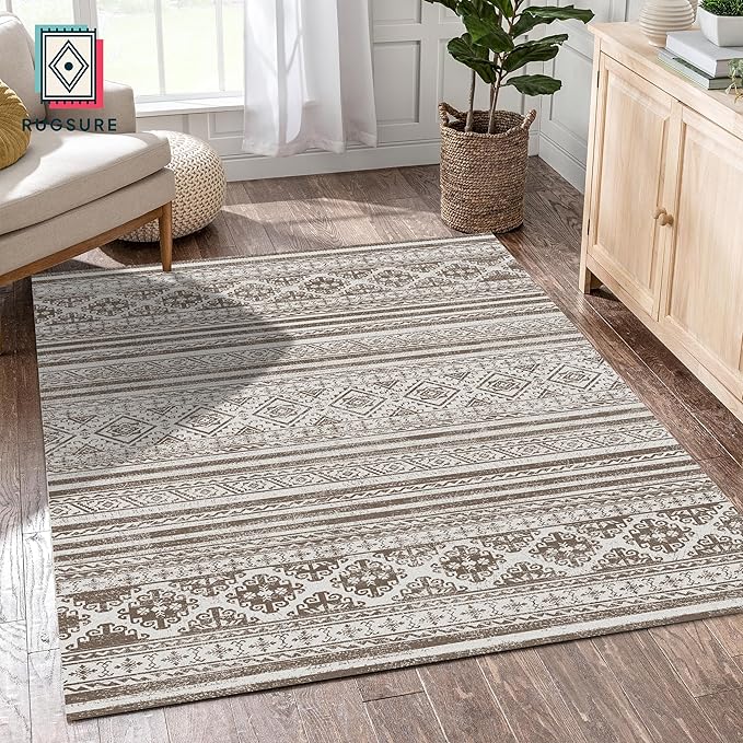 RUGSURE Washable Area Rugs 8' x 10' - 1/6 Thick - Moroccan-Inspired -Stain & Water Resistant Non-Slip - Resistant Rug for Living Room, Bedroom, Nursery, Pet & Child Friendly (Brown)