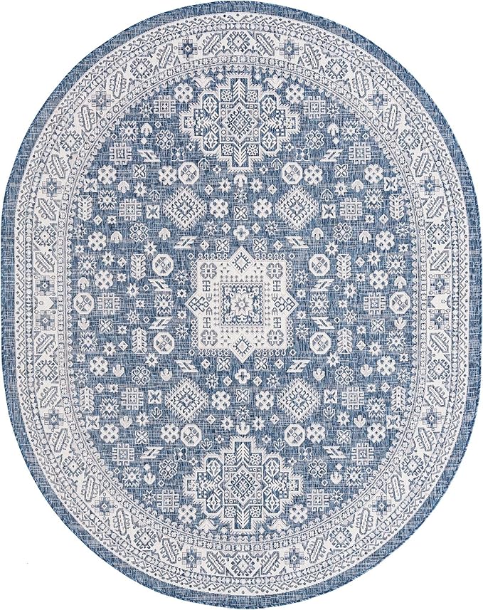 Rugs.com Outdoor Aztec Collection Rug – 8' x 10' Oval Blue Flatweave Rug Perfect for Living Rooms, Large Dining Rooms, Open Floorplans