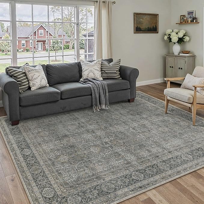 Vintage Area Rug 4x5 Grey Brown Entryway Office Washable Carpet Non Slip Bedroom Indoor Living Room Door Mat Low Pile Traditional Distressed Retro Accent Rug for Dining Room Bathroom Kitchen