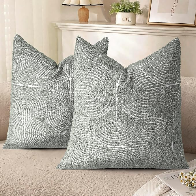 AELS Boho Decorative Textured Throw Pillow Covers 20x20, Organic Modern Mid Century Rainbow Tufted Pillow Case, Farmhouse Rustic Geometric Woven Cushion Case for Bed Couch Sofa, Slate Pale Blue Gray