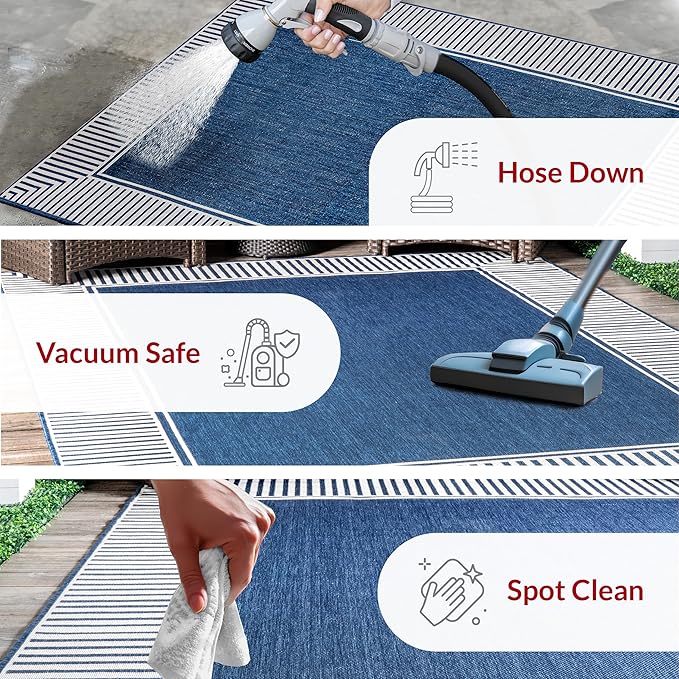 Nuloom Asha Navy/Ivory, 4' Square, Casual, Striped Border, Soft and Cozy, High Traffic, Stain Resistant, Easy Clean, Durable Area Rug for Indoor/Outdoor Patio, Deck, Porch, Garden, Courtyard