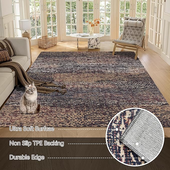 RUGSURE Washable Area Rug - 1/6" Thick Low Pile - Stain & Water Resistant Non-Slip Backing - Pet & Child Friendly Vintage Abstract Design in Multi-Tone Rust Brown, Blue & Beige (3' x 5')