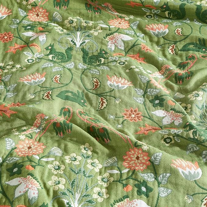 Boho Throw Blanket for Bed 90”x98”, 100% Cotton Woven Blanket for Couch Sofa, Ultra Soft 4-Layer Muslin Quilt with Floral Printed, Farmhouse Bed Blanket/Cover for Living Room Decor