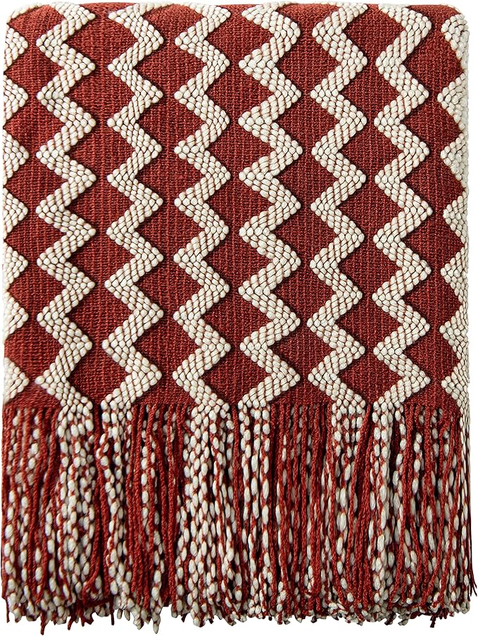NTBAY Acrylic Knitted Throw Blanket, Lightweight and Soft Cozy Decorative Woven Blanket with Tassels for Travel, Couch, Bed, Sofa, 51x67 Inches, Red and White Striped