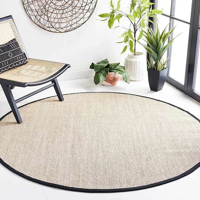 SAFAVIEH Area Rug 10' Round - Natural Fiber Collection - Large - Marble & Black, Sisal, Woven Design with Border (NF143A)