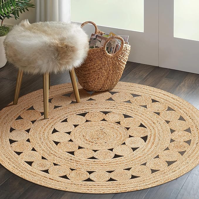 Hand Woven Jute Area Rug - 6' Round - Rustic Beige Reversible Farmhouse Rugs for Bedroom, Kitchen, Living Room - Vintage Natural Braided Entry Floor Décor Circle Boho Round Jute Rug 6 Foot