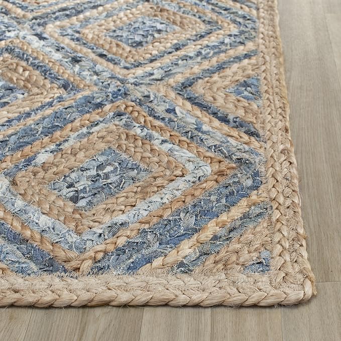 SAFAVIEH Cape Cod Collection Area Rug - 10' Square, Natural & Blue, Handmade Flat Weave Diamond Braided Jute & Denim, Ideal for High Traffic Areas in Living Room, Bedroom (CAP354A)