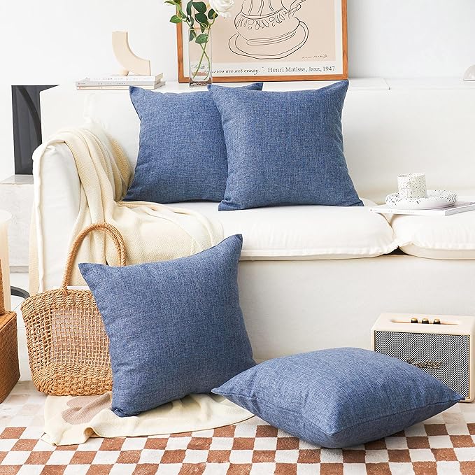Home Brilliant Throw Pillows for Couch Set of 4 Lined Linen Decorative Pillow Covers Indigo for Bench Sofa, 18x18 inch, Navy Blue