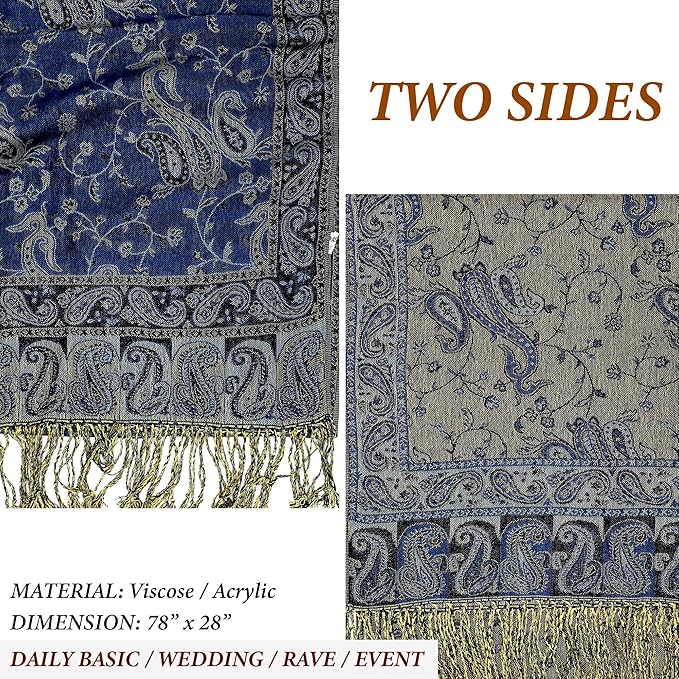 Achillea Reversible Paisley Pashmina Rave Scarf – Exotic Indian Shawls and Wraps for Evening Dresses, Festivals, All Seasons