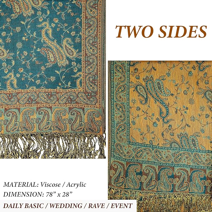 Achillea Reversible Paisley Pashmina Rave Scarf – Exotic Indian Shawls and Wraps for Evening Dresses, Festivals, All Seasons