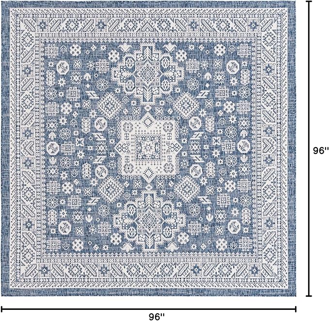 Rugs.com Outdoor Aztec Collection Rug – 8 Ft Square Blue Flatweave Rug Perfect for Living Rooms, Kitchens, Entryways