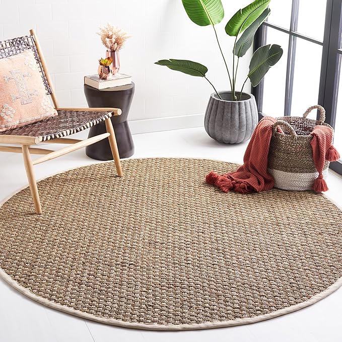 Safavieh Area Rug 12' Round - Natural Fiber Collection - Large - Natural & Ivory, Seagrass, Basketweave Pattern with Border (NF114J)