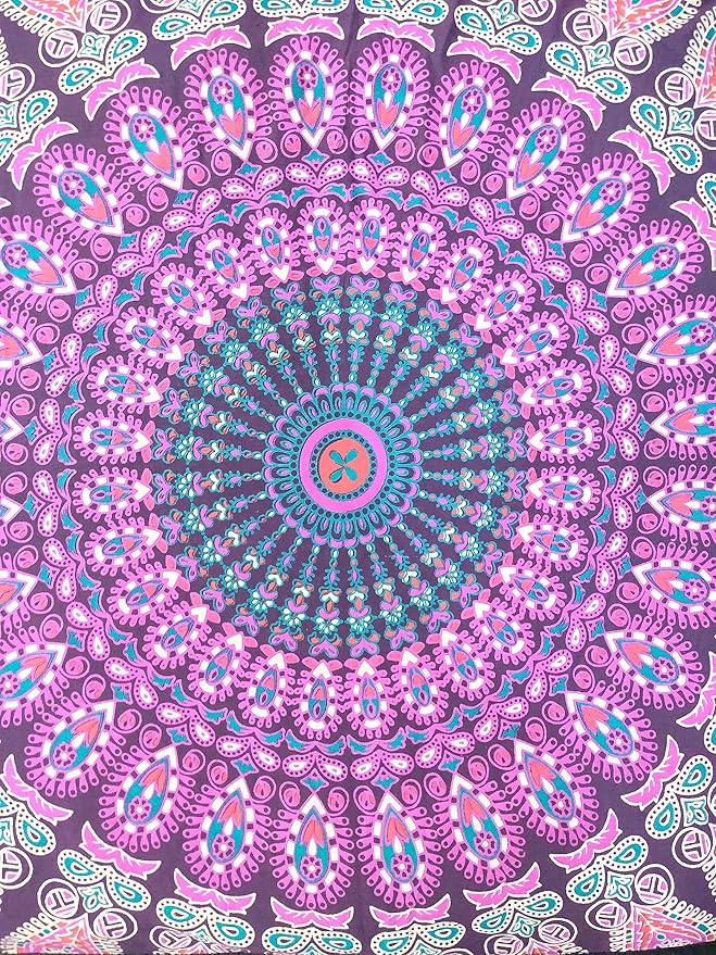 CRAFT KALA Mandala Floor Pillow Cushion Cover Seating Throw Cover Hippie Decorative Bohemian Ottoman Poufs Pom Pom Pillow Cases Boho Indian Cotton Living Room Yoga Home Décor 35" Square, Pink Peacock