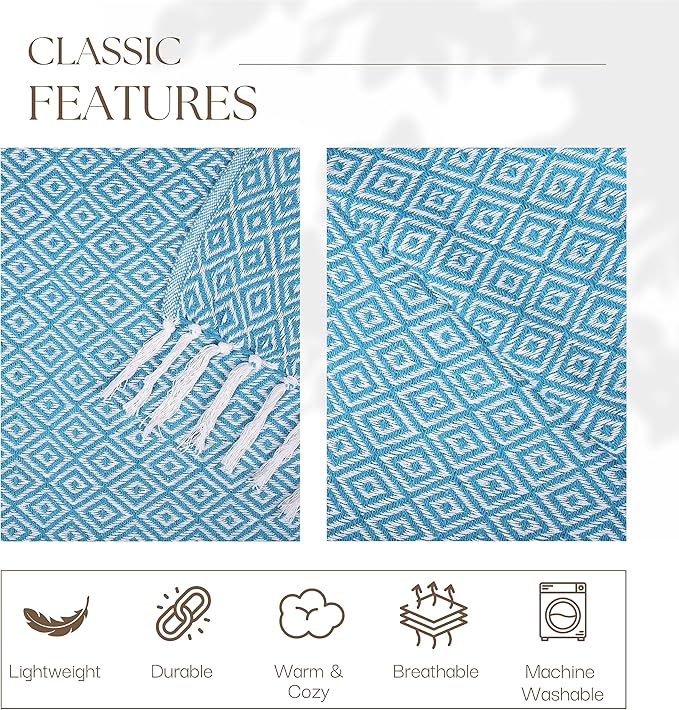 RAJRANG Throw Blanket Cotton with Tassel - 50x60 Inches Soft 100% Cotton Boho Decorative Farmhouse Throw for Bed Sofa Chairs and Couch Caribbean Sea Blue