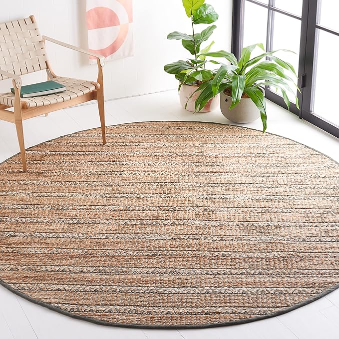 SAFAVIEH Natural Fiber Collection Area Rug - 7' Round, Olive & Natural, Handmade Flat Weave Stripe Jute & Cotton Jute, Ideal for High Traffic Areas in Living Room, Bedroom (NFB655X)