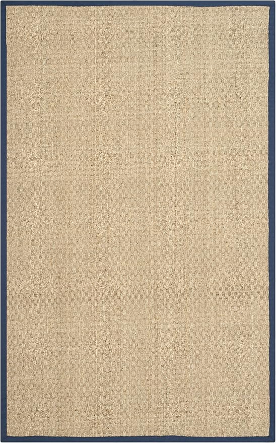 SAFAVIEH Area Rug 6' Square - Natural Fiber Collection - Natural & Blue, Seagrass, Basketweave Pattern with Border (NF114E)