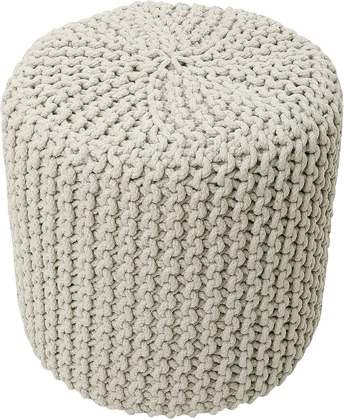 REDEARTH · Cylindrical Hand Knitted Pouf - Foot Stool Ottoman - Cord Boho Pouffe - Cotton Round Poof for Home Decor - Living Room - Nursery - Bedroom - Patio (16" x 16" x 16") - Ivory