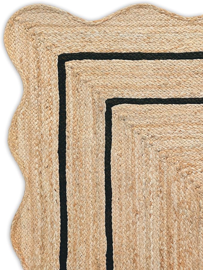 Wave Scalloped Natural Jute Rug Boho Jute Rug Entryway Runner Rug Farmhouse Scallop Rug, Black (2'x10')