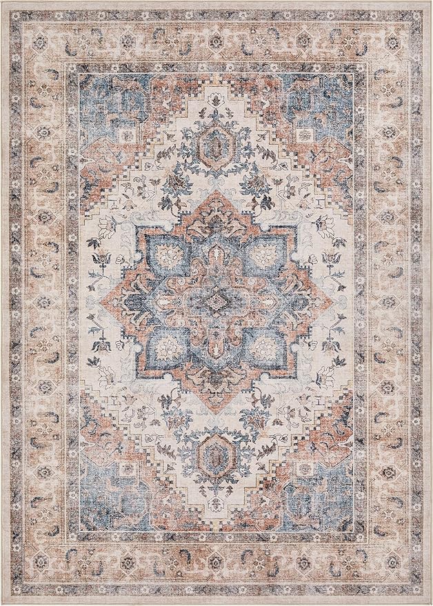 Washable Rug 9x12 Area Rugs: Boho Vintage Distressed Oriental Medallion Neutral Thin Large Rug Carpet for Living Room Bedroom Dining Room Home Office Decor - Camel
