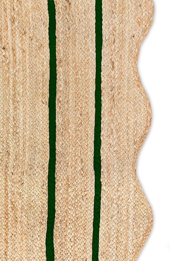 Wave Scalloped Natural Jute Rug Boho Jute Rug Entryway Runner Rug Farmhouse Scallop Rug, Green (2'6"x14')