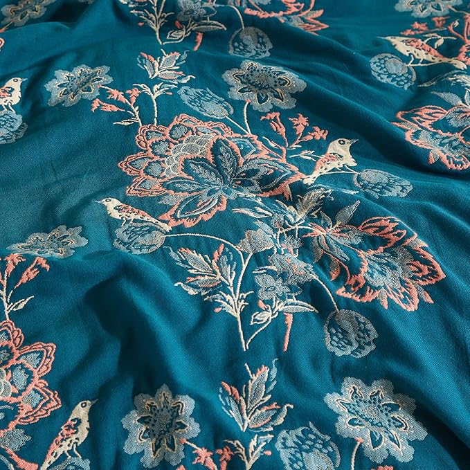 Boho Throw Blanket for Bed 80”x90”, 100% Cotton Woven Blanket for Couch Sofa, Ultra Soft 4-Layer Muslin Quilt with Floral Printed, Farmhouse Bed Blanket/Cover for Living Room Decor