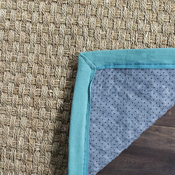 SAFAVIEH Area Rug 6' Square - Natural Fiber Collection - Natural & Teal, Seagrass, Basketweave Pattern with Border (NF114R)