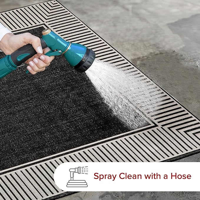 Nuloom Asha Black/Ivory, 6'7" x 9', Casual, Striped Border, Soft and Cozy, High Traffic, Stain Resistant, Easy Clean, Durable Area Rug for Indoor/Outdoor Patio, Deck, Porch, Garden, Courtyard