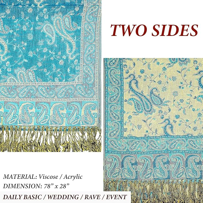 Achillea Reversible Paisley Pashmina Rave Scarf – Exotic Indian Shawls and Wraps for Evening Dresses, Festivals, All Seasons