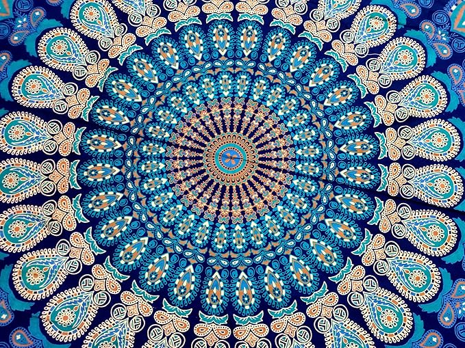 Round Beach Tapestry Turquoise Mandala Throw/Boho Hippie Beach Blanket Roundie/Indian Cotton Bohemian Large Round Table Cloth-Home Decor/Yoga Mat Meditation Picnic Rug (42", Blue)