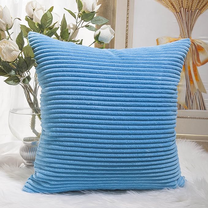 Home Brilliant Decorative Pillow Cover Light Blue Soft Velvet Corduroy Striped Set of 2 Square Throw Pillow Covers for Couch, 18 x 18 inch, Teal