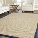 SAFAVIEH Area Rug 3' Square - Natural Fiber Collection - Natural & Blue, Seagrass, Basketweave Pattern with Border (NF114E)