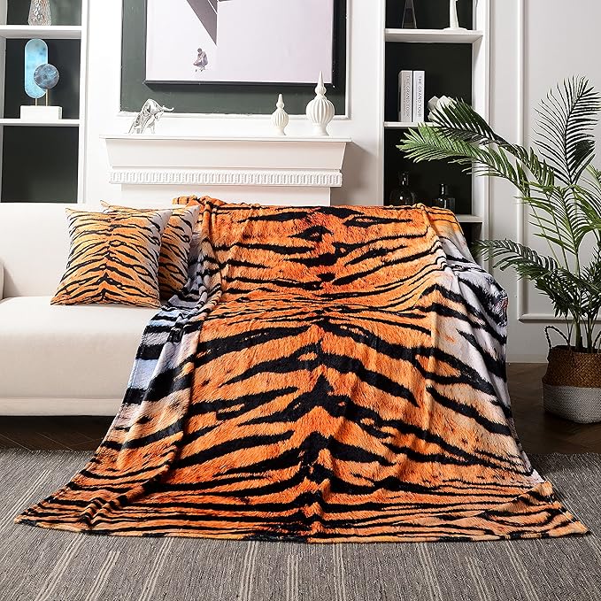 WIBUE Tiger Throw Blanket 60"x50" with 2 Pcs Pillow Covers 18"x18", Decor Fleece Blanket for Women Men, Fuzzy Soft Cozy Warm Plush Gifts Blankets for Bed Sofa Couch Chair Living Room Bedroom