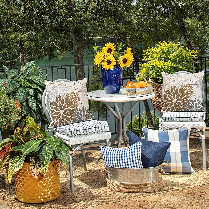 DFXSZ Brown Grey Outdoor Pillow Cover 18X18 Inch Set of 2 Outdoor Waterproof Summer Floral Brown Decorative Pillow case Decor for Couch Patio Funiture Garden Print Polyester Cushion Cover 01E18