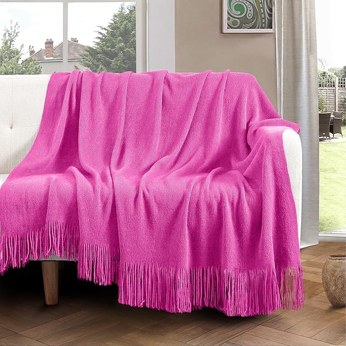 Vonty Hot Pink Knitted Blanket with Tassels Fringe 60" x 80", Super Soft Knit Throw Blanket, Farmhouse Decorative Lightweight Blanket for Couch, Sofa, Bed