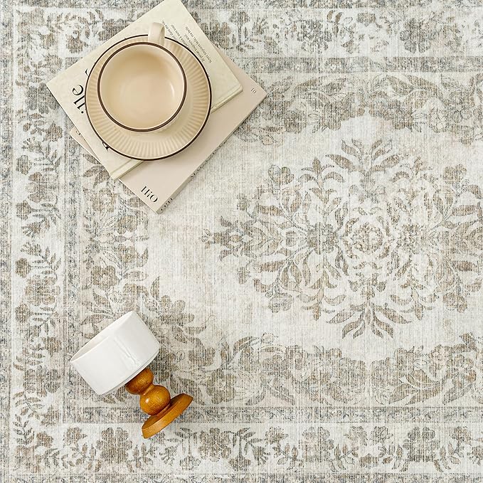 2x3 Area Rug Beige Washable Entryway Door Mat Indoor Vintage Medallion Floral Carpet Kitchen Bathroom Distressed Entrance Retro Small Non Slip Accent Throw Bedroom Office Dining Living Room